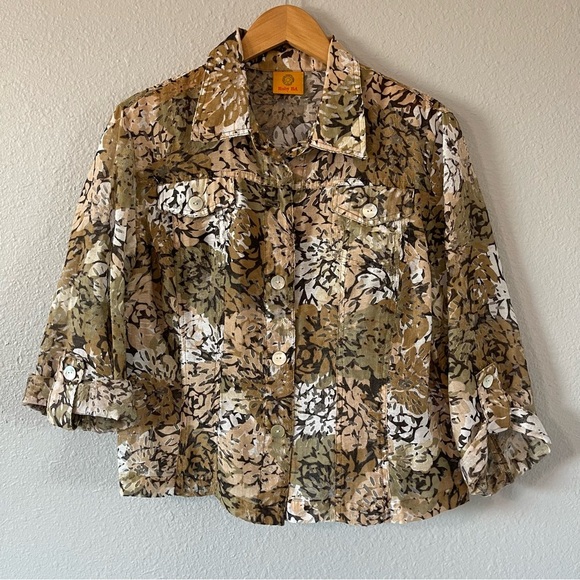 Ruby Rd Women's Cream Green Brown Camo Floral Print Button Down 3/4 Sleeve Top - Picture 1 of 7